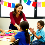 **

A kindergarten classroom scene. A teacher is enthusiastically interacting with young children during a paper folding activity. Focus on the children’s engagement and the teacher’s positive and encouraging demeanor. Show colorful paper and art supplies. The overall atmosphere should be bright and joyful.

**