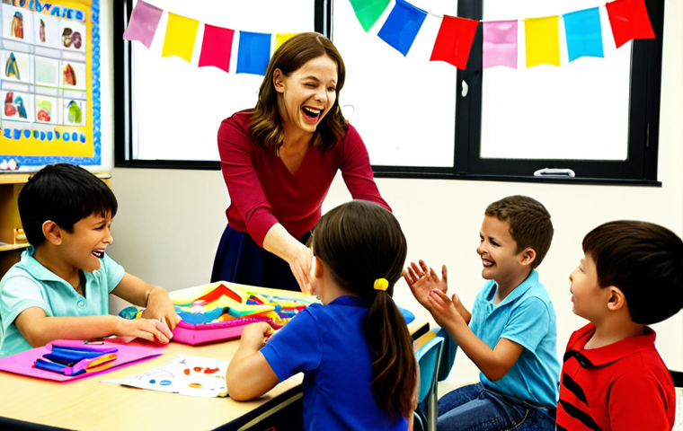 **

A kindergarten classroom scene. A teacher is enthusiastically interacting with young children during a paper folding activity. Focus on the children’s engagement and the teacher’s positive and encouraging demeanor. Show colorful paper and art supplies. The overall atmosphere should be bright and joyful.

**