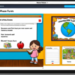 **A brightly colored and engaging educational platform interface designed for early childhood teachers, showcasing diverse lesson plan templates, interactive resources (like animated storybooks), and a community forum icon.**
