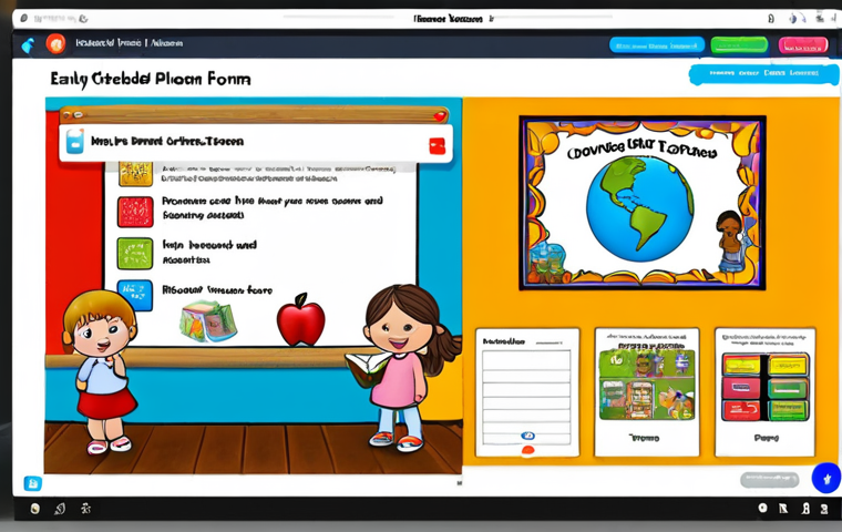 **A brightly colored and engaging educational platform interface designed for early childhood teachers, showcasing diverse lesson plan templates, interactive resources (like animated storybooks), and a community forum icon.**