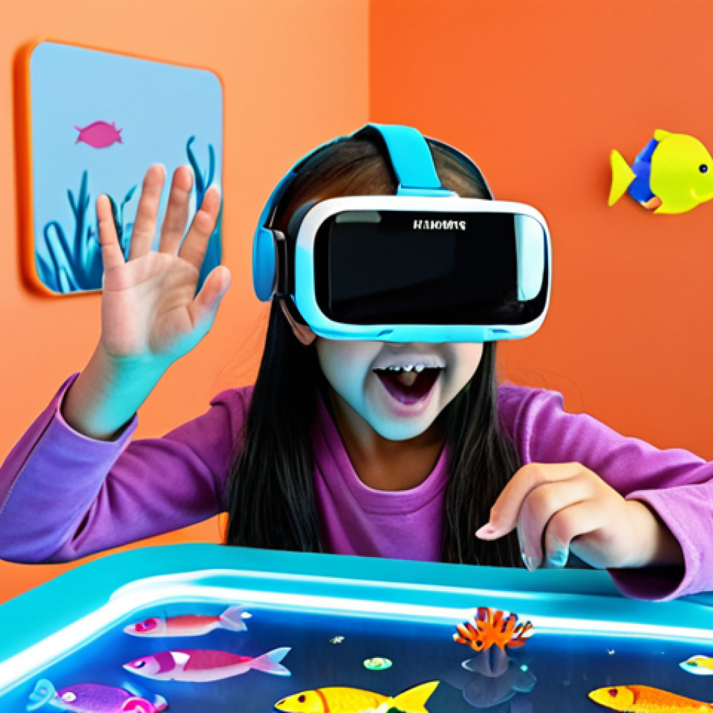 **Image Prompt 1:** A vibrant and futuristic preschool classroom where diverse children (ages 4-6) are immersed in interactive learning. One child wears a sleek, child-friendly VR headset, experiencing a colorful underwater world with glowing fish and coral, while their hand gestures in response. Another child uses an AR-enabled tablet, interacting with a holographic plant that appears to grow from the tabletop. The scene seamlessly blends cutting-edge technology (AR/VR) with traditional educational elements like soft play mats and wooden blocks. The atmosphere is filled with wonder, active engagement, and joyful discovery. Emphasize bright, warm lighting, high-quality digital art, and a sense of effortless integration between physical and digital learning.