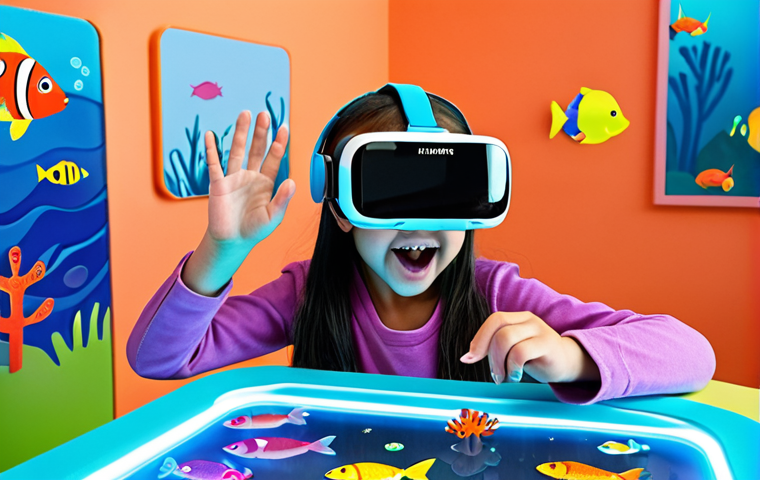 **Image Prompt 1:** A vibrant and futuristic preschool classroom where diverse children (ages 4-6) are immersed in interactive learning. One child wears a sleek, child-friendly VR headset, experiencing a colorful underwater world with glowing fish and coral, while their hand gestures in response. Another child uses an AR-enabled tablet, interacting with a holographic plant that appears to grow from the tabletop. The scene seamlessly blends cutting-edge technology (AR/VR) with traditional educational elements like soft play mats and wooden blocks. The atmosphere is filled with wonder, active engagement, and joyful discovery. Emphasize bright, warm lighting, high-quality digital art, and a sense of effortless integration between physical and digital learning.