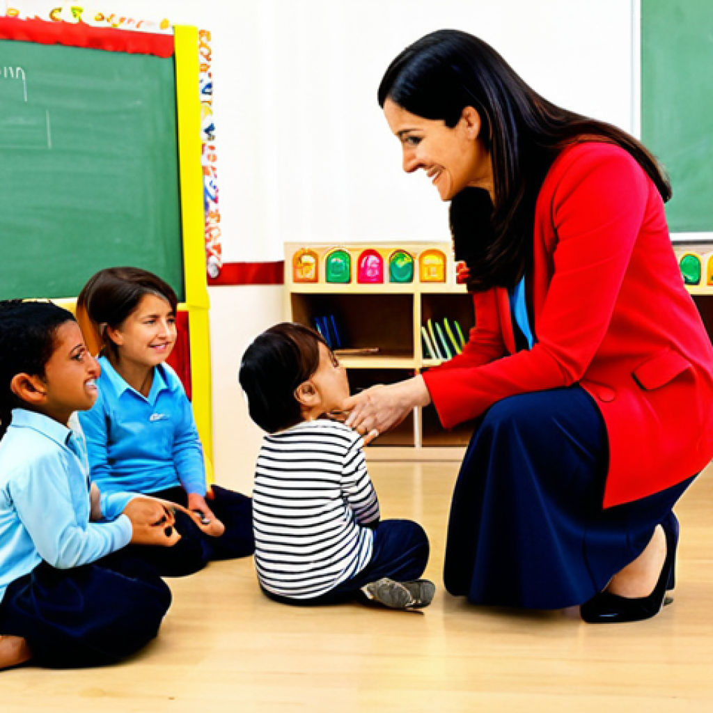 A compassionate professional female early childhood educator, fully clothed in a modest and comfortable professional dress, gently kneeling down to eye level with a diverse group of young children (around 4-6 years old) in a brightly lit, modern kindergarten classroom. The classroom is filled with colorful educational materials and age-appropriate learning stations. The children are actively engaged: one child points at an interactive smart board displaying a simple, colorful educational game, while another is engrossed in building blocks. The teacher has a warm, natural smile, demonstrating active listening and gentle guidance, embodying empathy and innovative teaching methods. Perfect anatomy, correct proportions, natural pose, well-formed hands, proper finger count, natural body proportions. Professional photography, sharp focus, natural lighting, high detail, safe for work, appropriate content, professional, family-friendly.