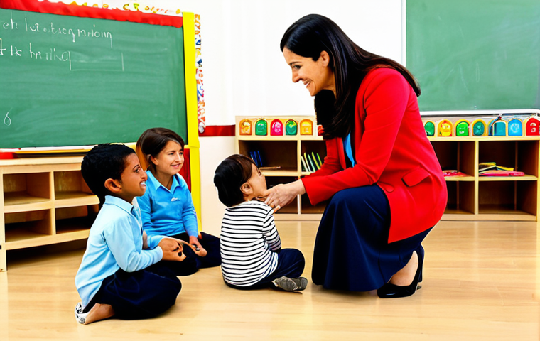 A compassionate professional female early childhood educator, fully clothed in a modest and comfortable professional dress, gently kneeling down to eye level with a diverse group of young children (around 4-6 years old) in a brightly lit, modern kindergarten classroom. The classroom is filled with colorful educational materials and age-appropriate learning stations. The children are actively engaged: one child points at an interactive smart board displaying a simple, colorful educational game, while another is engrossed in building blocks. The teacher has a warm, natural smile, demonstrating active listening and gentle guidance, embodying empathy and innovative teaching methods. Perfect anatomy, correct proportions, natural pose, well-formed hands, proper finger count, natural body proportions. Professional photography, sharp focus, natural lighting, high detail, safe for work, appropriate content, professional, family-friendly.