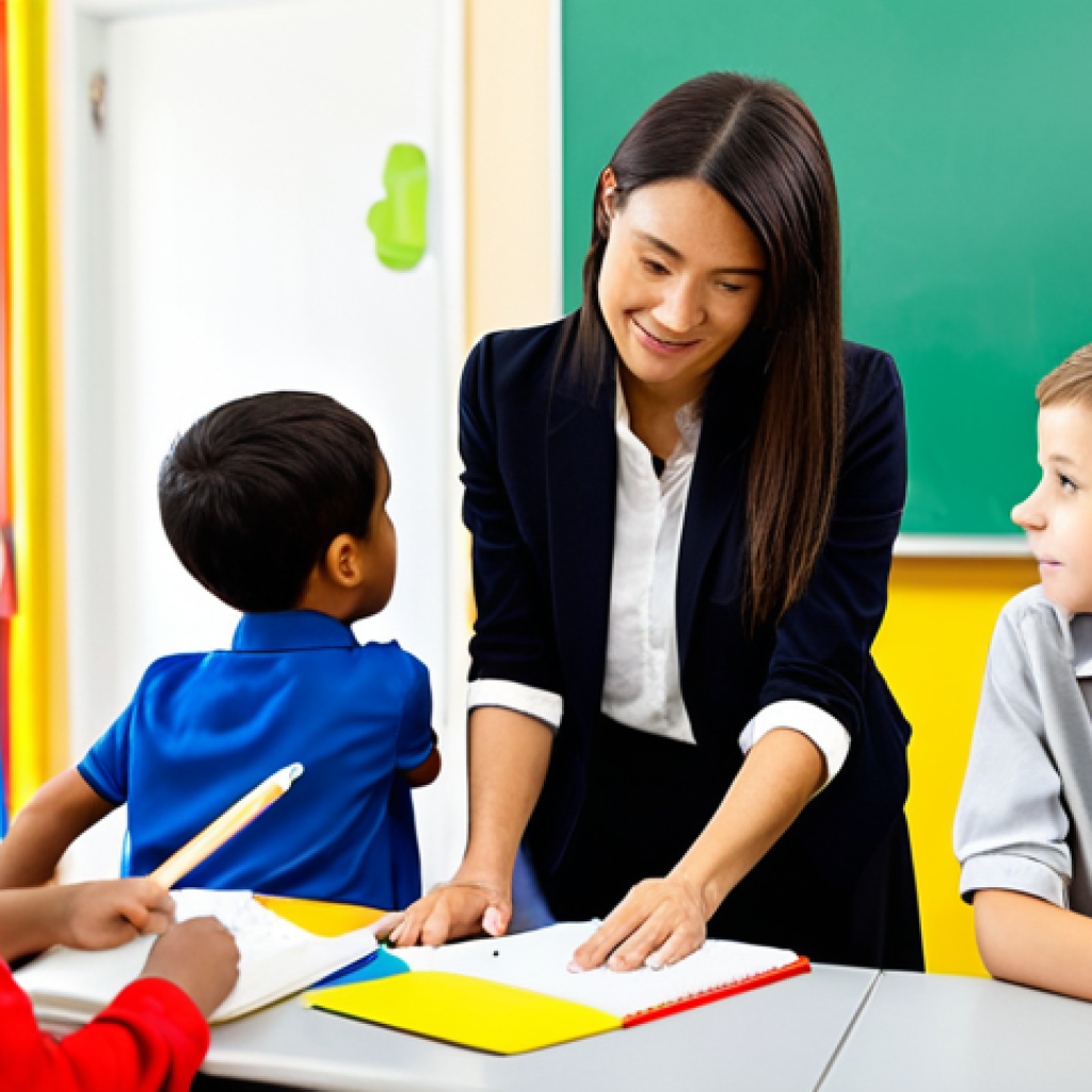 A professional early childhood educator, fully clothed in appropriate, modest professional attire, is observing a small group of diverse children engaged in a learning activity in a bright, modern kindergarten classroom. The educator has a thoughtful expression, subtly holding a notebook or tablet, representing the integration of theoretical knowledge with practical observation. Children are actively exploring, perhaps at a sensory table or building blocks, demonstrating natural curiosity and engagement. The classroom is filled with colorful, age-appropriate educational materials. Soft, natural lighting illuminates the scene. safe for work, appropriate content, family-friendly, perfect anatomy, correct proportions, natural pose, well-formed hands, proper finger count, natural body proportions, professional photography, high quality.