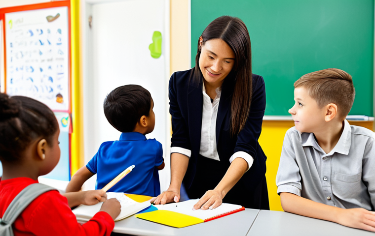 A professional early childhood educator, fully clothed in appropriate, modest professional attire, is observing a small group of diverse children engaged in a learning activity in a bright, modern kindergarten classroom. The educator has a thoughtful expression, subtly holding a notebook or tablet, representing the integration of theoretical knowledge with practical observation. Children are actively exploring, perhaps at a sensory table or building blocks, demonstrating natural curiosity and engagement. The classroom is filled with colorful, age-appropriate educational materials. Soft, natural lighting illuminates the scene. safe for work, appropriate content, family-friendly, perfect anatomy, correct proportions, natural pose, well-formed hands, proper finger count, natural body proportions, professional photography, high quality.