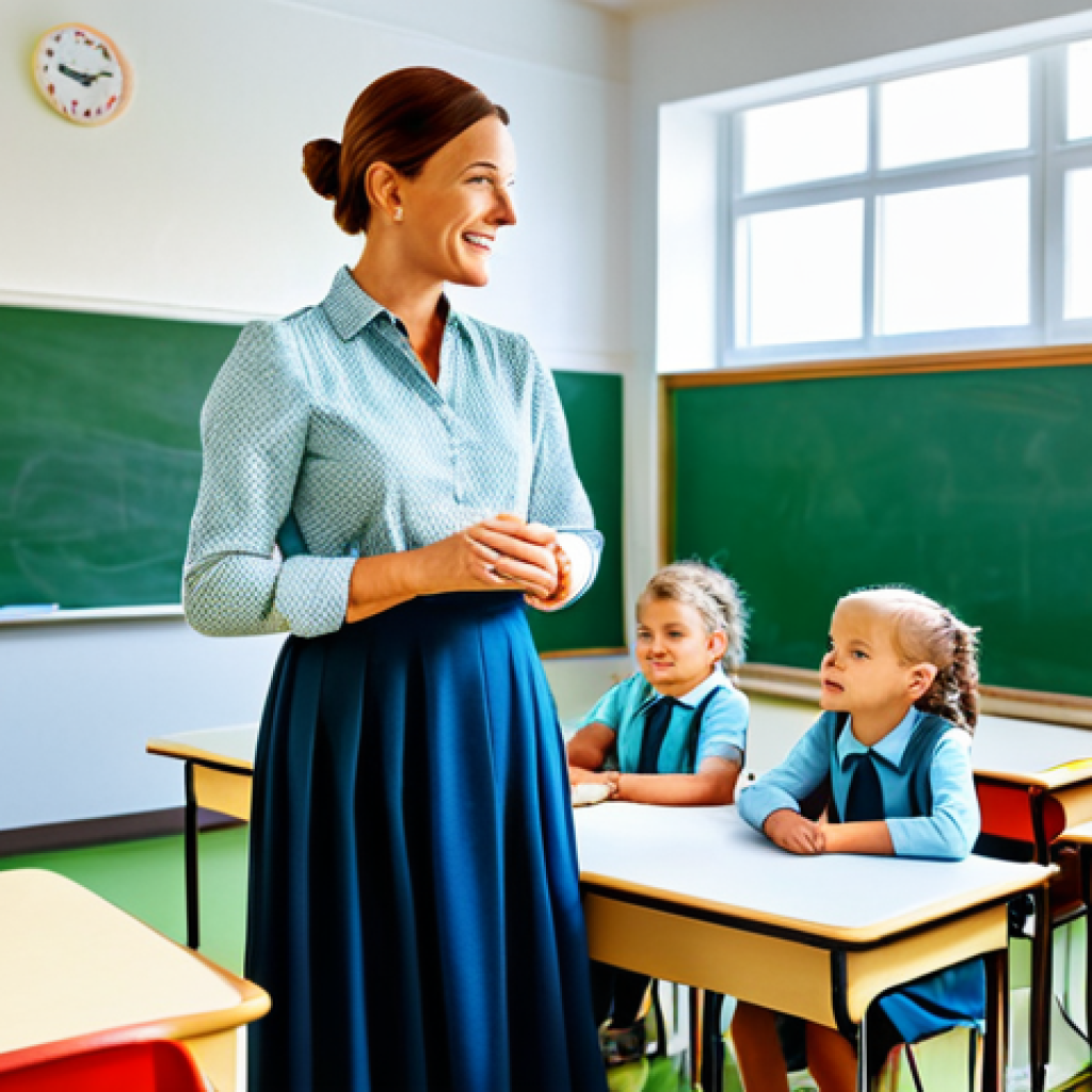 **
A professional female teacher in a fully clothed, modest dress, standing in a brightly lit kindergarten classroom. Children are sitting at desks, engaged in learning activities. Safe for work, appropriate content, perfect anatomy, natural pose, family-friendly.
**