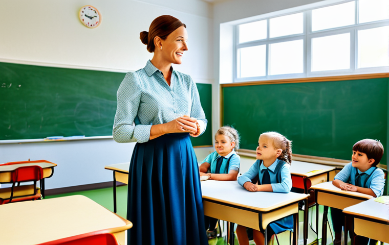 **

A professional female teacher in a fully clothed, modest dress, standing in a brightly lit kindergarten classroom. Children are sitting at desks, engaged in learning activities. Safe for work, appropriate content, perfect anatomy, natural pose, family-friendly.

**