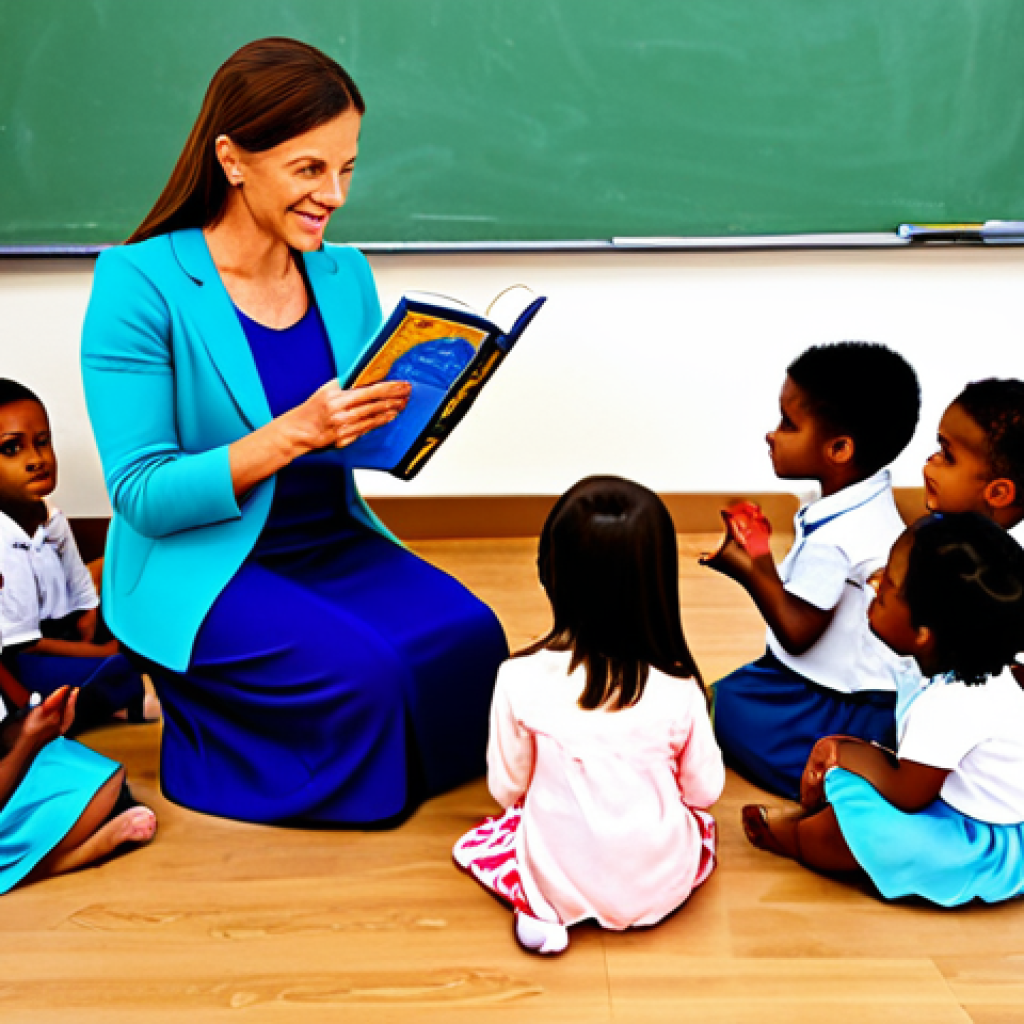 **
A professional kindergarten teacher, fully clothed in modest, brightly colored attire, reading a storybook to a group of diverse children in a sunny, well-decorated classroom. Perfect anatomy, correct proportions, natural pose, well-formed hands, proper finger count. Safe for work, appropriate content, family-friendly, professional illustration.
**