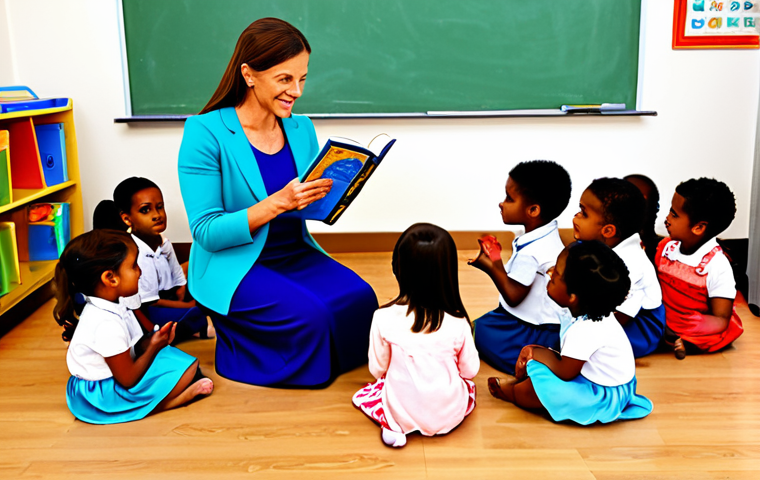 **

A professional kindergarten teacher, fully clothed in modest, brightly colored attire, reading a storybook to a group of diverse children in a sunny, well-decorated classroom.  Perfect anatomy, correct proportions, natural pose, well-formed hands, proper finger count. Safe for work, appropriate content, family-friendly, professional illustration.

**