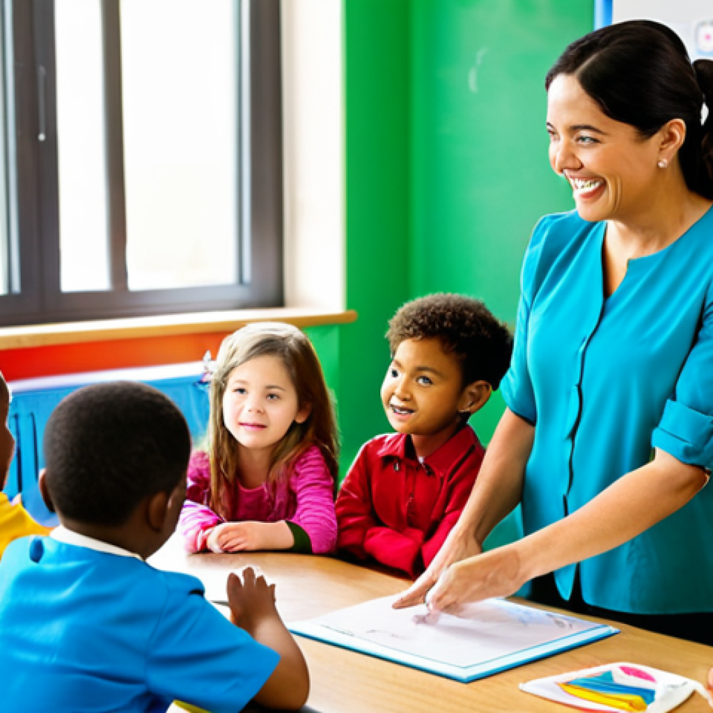 **
A professional early childhood educator in a bright, cheerful classroom, fully clothed in modest, professional attire. She is interacting with a group of diverse children who are engaged in a learning activity. The scene is well-lit and features colorful educational materials. Safe for work, appropriate content, perfect anatomy, correct proportions, natural pose, well-formed hands, proper finger count, family-friendly, high quality.
**