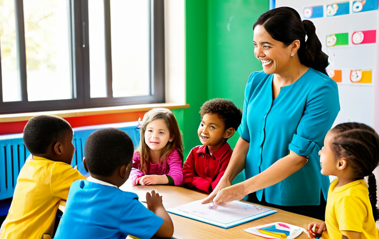 **

A professional early childhood educator in a bright, cheerful classroom, fully clothed in modest, professional attire. She is interacting with a group of diverse children who are engaged in a learning activity. The scene is well-lit and features colorful educational materials. Safe for work, appropriate content, perfect anatomy, correct proportions, natural pose, well-formed hands, proper finger count, family-friendly, high quality.

**