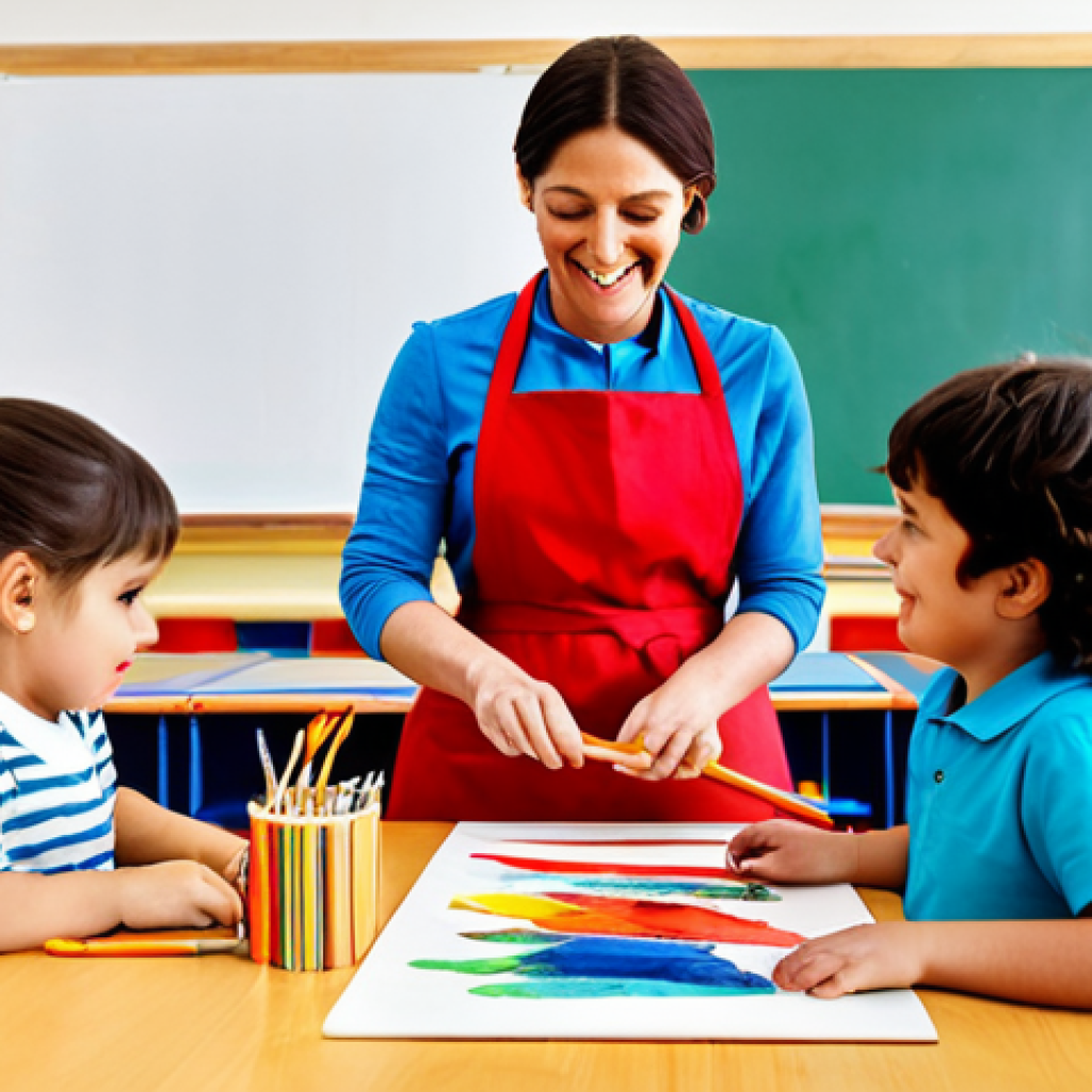 **
A kindergarten teacher wearing a modest, colorful apron, interacting with children during an art project, fully clothed, appropriate content, safe for work, perfect anatomy, natural proportions, professional illustration, high quality, family-friendly. The setting is a bright and cheerful classroom filled with art supplies.
**