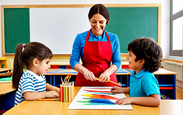**

A kindergarten teacher wearing a modest, colorful apron, interacting with children during an art project, fully clothed, appropriate content, safe for work, perfect anatomy, natural proportions, professional illustration, high quality, family-friendly. The setting is a bright and cheerful classroom filled with art supplies.

**