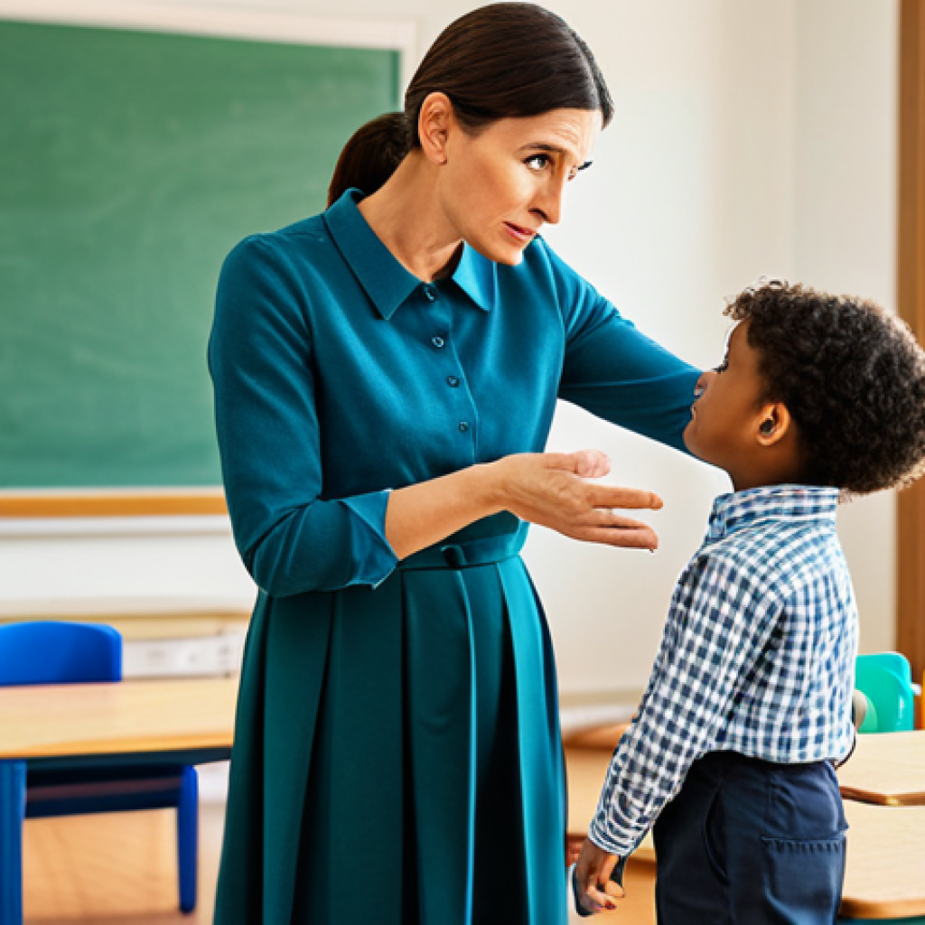 **

A professional female early childhood educator interacts compassionately with an anxious parent in a bright, welcoming kindergarten classroom. The teacher is wearing modest, professional attire. The parent looks concerned but receptive. Soft, natural lighting. Safe for work, appropriate content, fully clothed, professional, perfect anatomy, correct proportions.

**