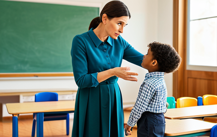 **

A professional female early childhood educator interacts compassionately with an anxious parent in a bright, welcoming kindergarten classroom. The teacher is wearing modest, professional attire. The parent looks concerned but receptive. Soft, natural lighting. Safe for work, appropriate content, fully clothed, professional, perfect anatomy, correct proportions.

**