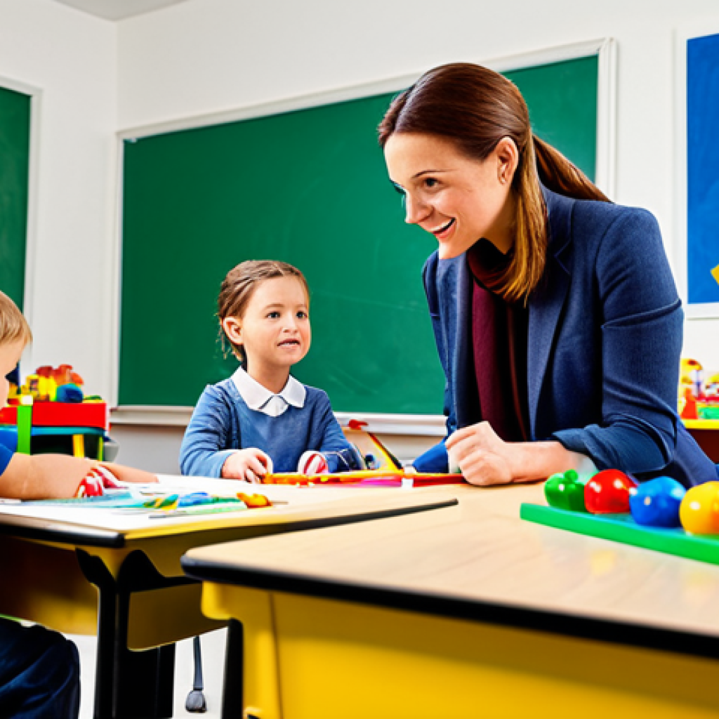 **Prompt:** A professional teacher instructing young children in a brightly lit classroom, surrounded by educational toys and colorful artwork, fully clothed, appropriate attire, safe for work, perfect anatomy, natural proportions, family-friendly.