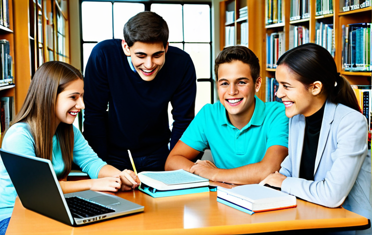 Resourceful Study Group**

"A group of friendly, fully clothed students of various backgrounds studying together in a bright, modern library setting, sharing textbooks and notes, some are using laptops, appropriate attire, safe for work, professional, study group, books, perfect anatomy, natural proportions, friendly faces, modest clothing, high quality, family-friendly"

**