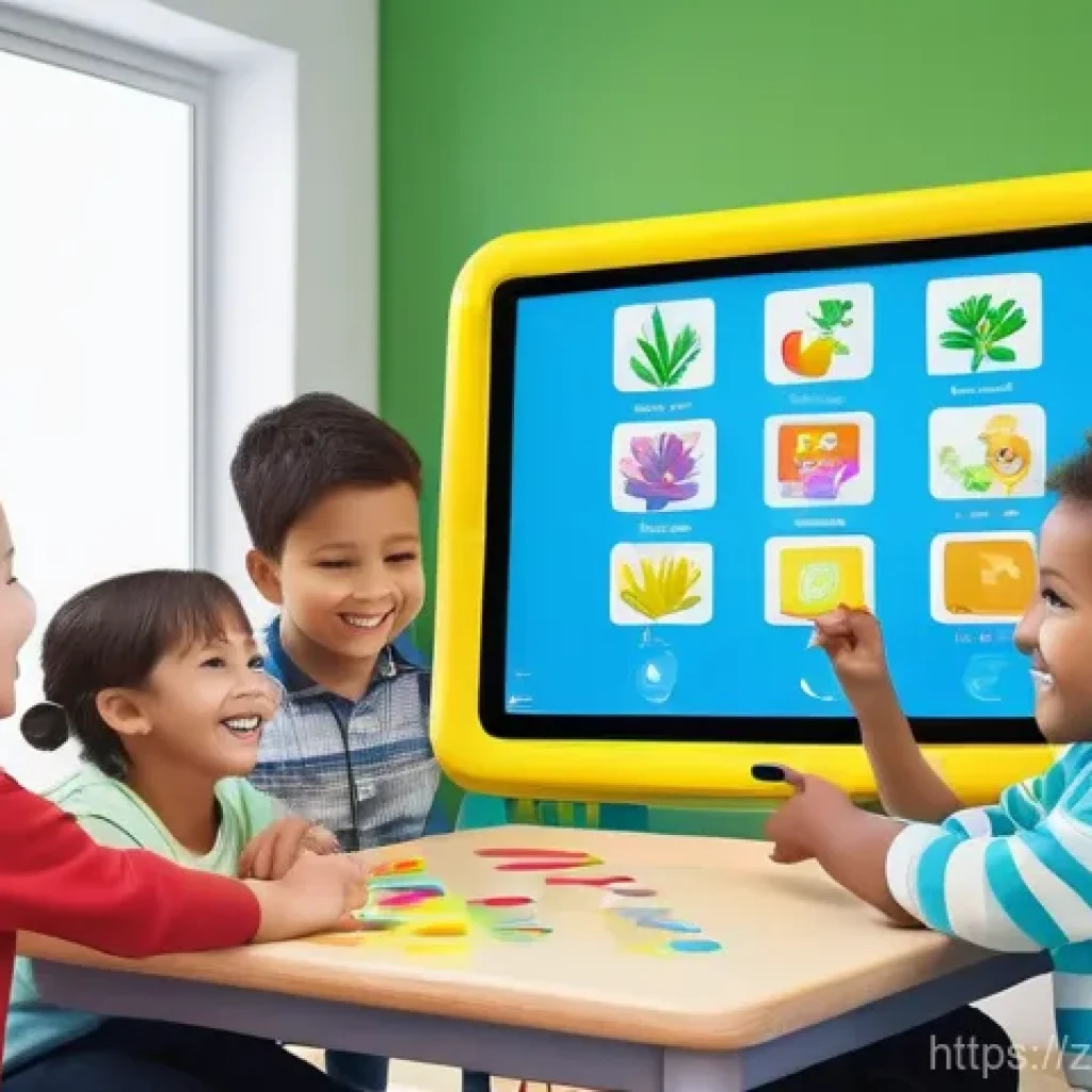 유아교육지도사 업무에서의 기술 활용 사례 - **Prompt for Interactive Digital Learning:**
"A diverse group of five cheerful preschool childre...