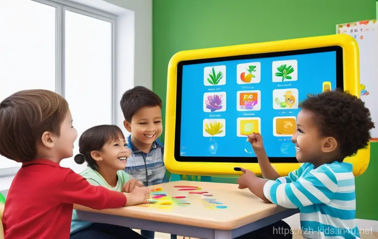 유아교육지도사 업무에서의 기술 활용 사례 - **Prompt for Interactive Digital Learning:**
    "A diverse group of five cheerful preschool childre...