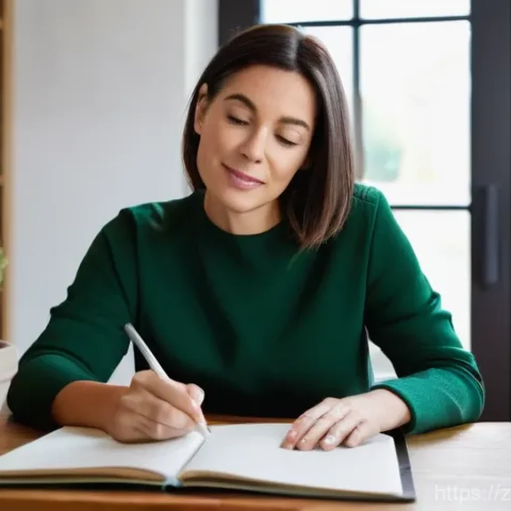 유아교육지도사 경력 중단 후 재취업 성공 사례 - **Prompt:** "A determined and focused woman, in her late 30s to early 40s, sits comfortably at a mod...