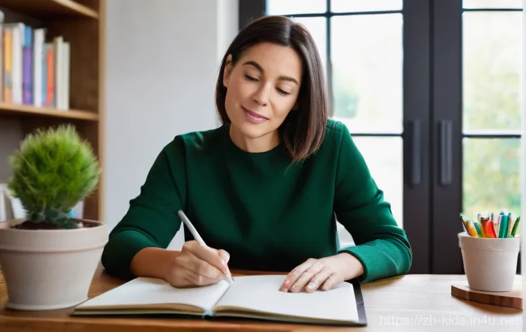 유아교육지도사 경력 중단 후 재취업 성공 사례 - **Prompt:** "A determined and focused woman, in her late 30s to early 40s, sits comfortably at a mod...