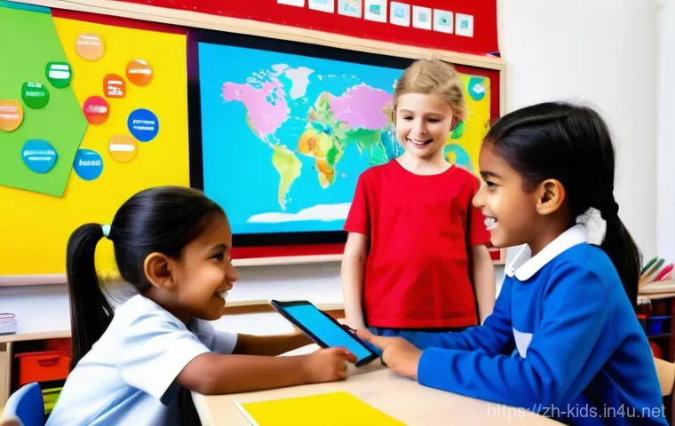 유아교육지도사로서의 경력 발전 방안 - **Prompt: Digital Learning Adventure in a Bright Classroom**
    "A vibrant, modern classroom filled...