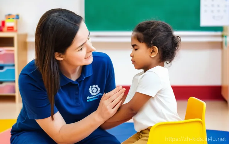 유아교육지도사 실기시험의 자주 나오는 사례 - **"Caring for a Minor Ouchie"**
    A brightly lit and cheerful preschool classroom, rendered in a w...