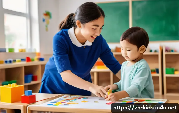 유아교육지도사 강의 준비 과정 중 피해야 할 실수 - **Prompt:** "A realistic, vibrant indoor kindergarten classroom scene during activity time. In the f...